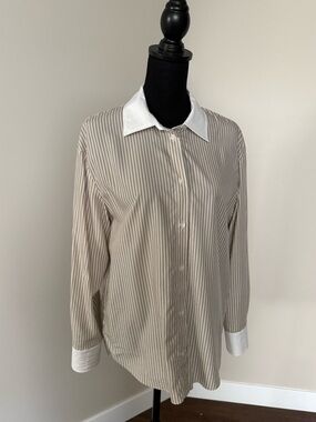Womens Beige Stripe Button-Down Shirt with White Collar
